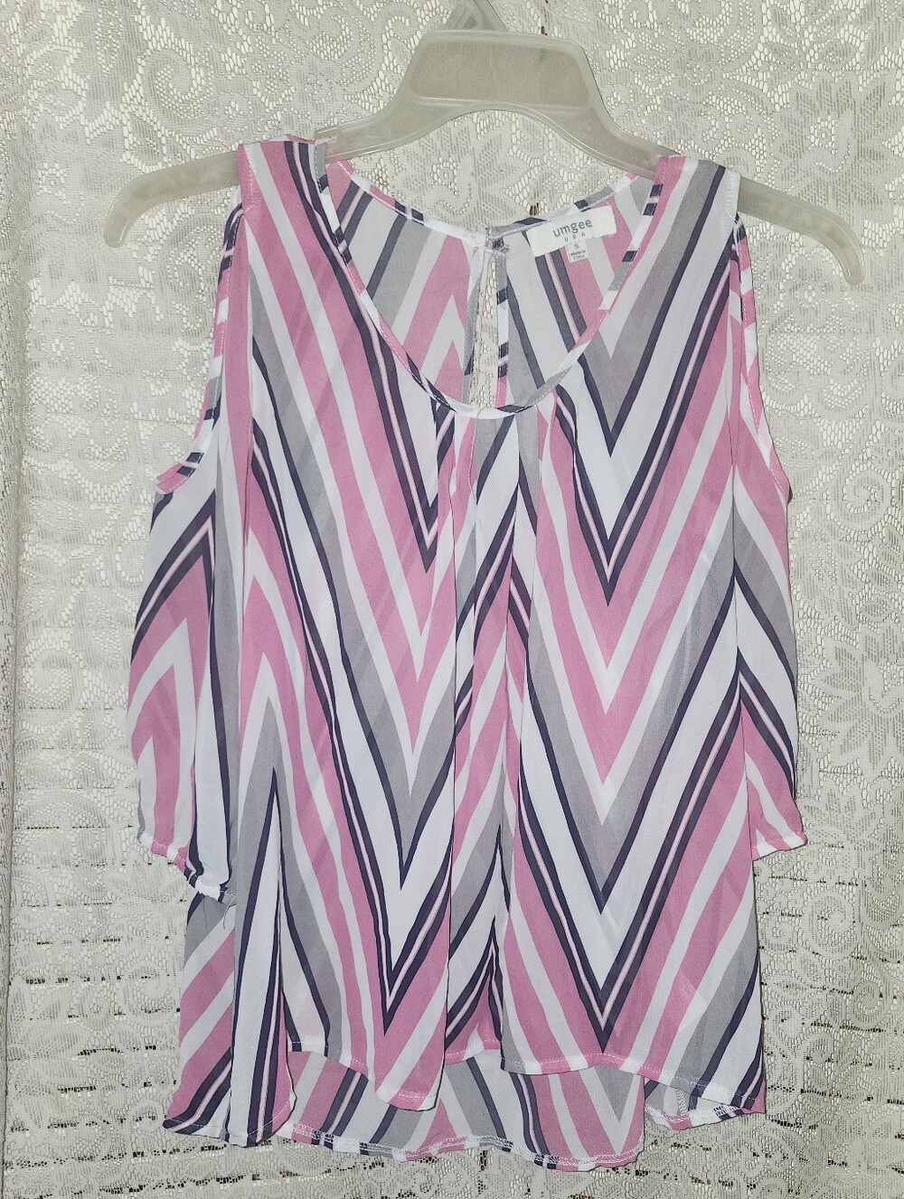 Umgee Pink and Gray Chevron Cold-Shoulder Camisole
